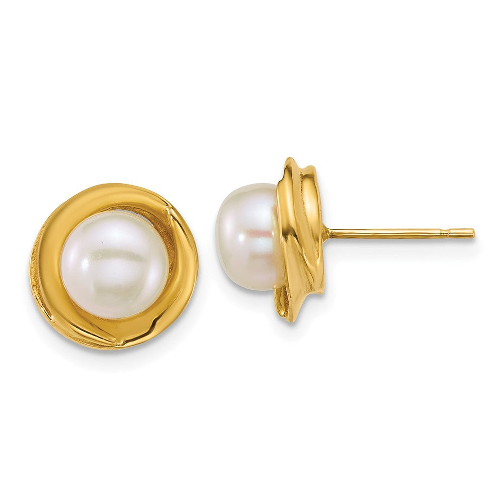 14K Yellow Gold Polished 6-7mm Button Freshwater Cultured Pearl Post Earrings