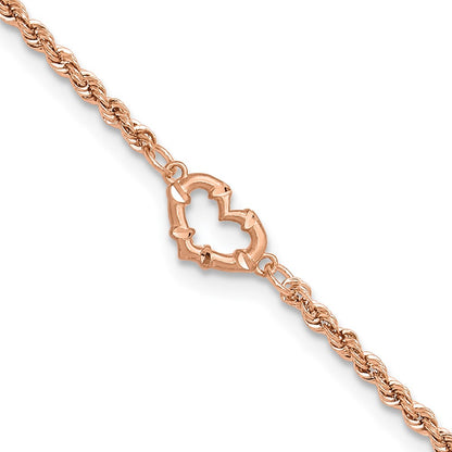 14K Rose Gold Diamond-cut Open Heart and Rope Chain Bracelet