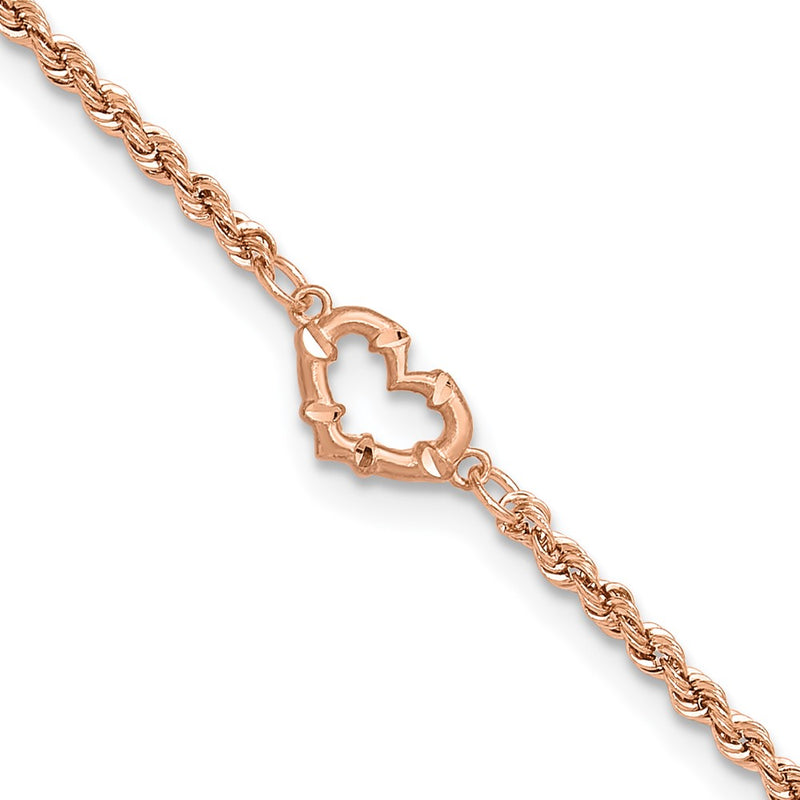 14K Rose Gold Diamond-cut Open Heart and Rope Chain Bracelet