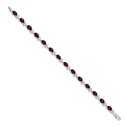 14K White Gold Complete Diamond and Oval Garnet Floral 7 Inch Bracelet