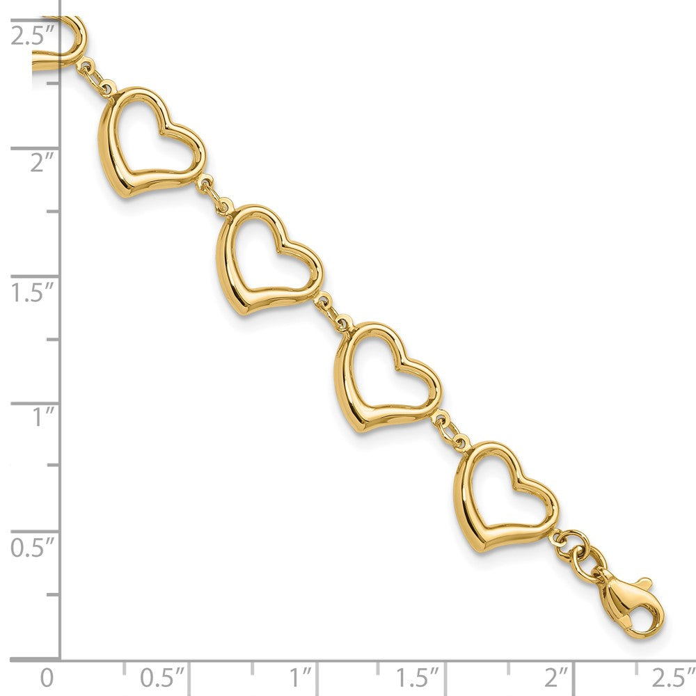 14K Yellow Gold Polished Open Heart Link 7 Inch Bracelet