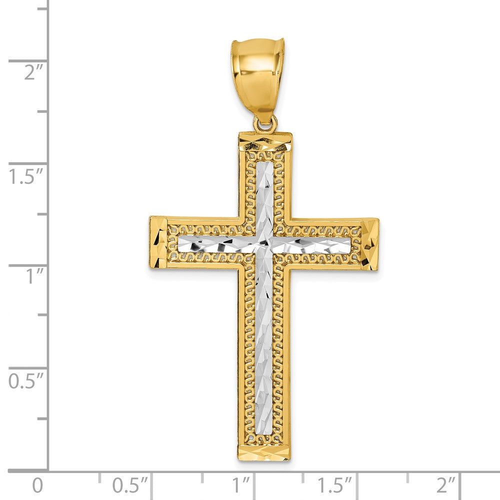 14K Yellow Gold and Rhodium Polished Diamond-cut Textured Fancy Latin Cross Pendant