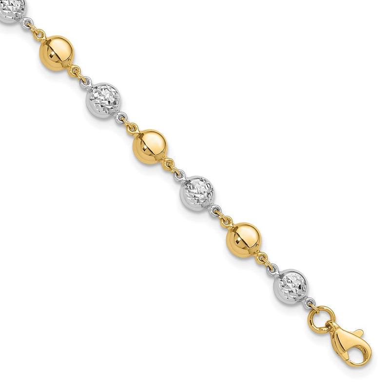 14K Two-Tone Gold Two-tone Polished and Diamond-cut Puffed Beads 7.75 Inch Bracelet