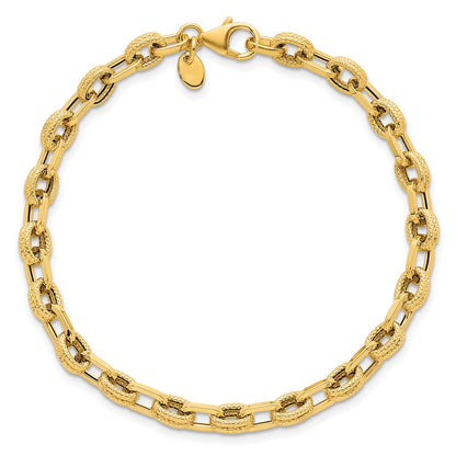 14K Yellow Gold Polished and Textured 4.9mm Fancy Cable Link 7.5 Inch Bracelet