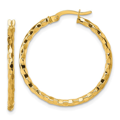 14K Yellow Gold Polished 2.3 x 30mm Textured Tube Hoop Earrings