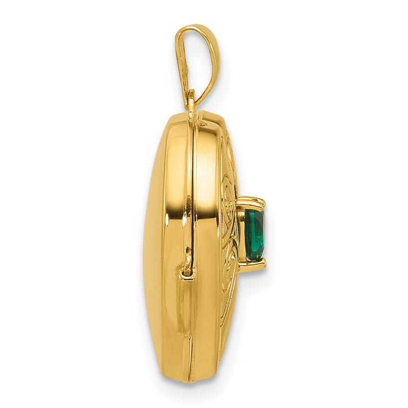 14K Yellow Gold Polished Lab Created Emerald May Birthstone 18mm Heart Locket