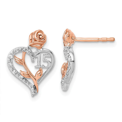 14K White and Rose Gold 1/20 carat Diamond Quinceanera 15 Heart Post Earrings