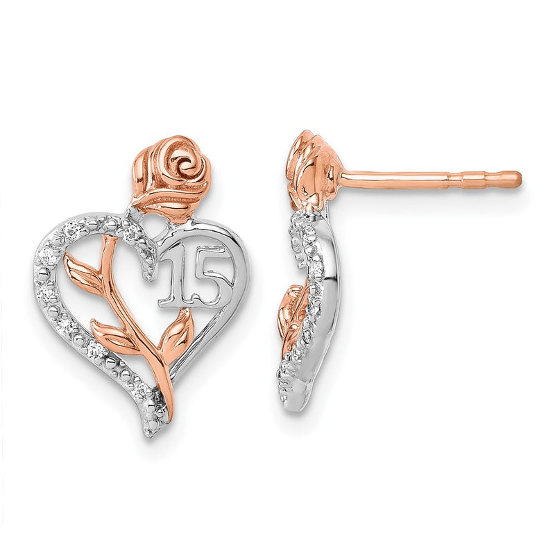14K White and Rose Gold 1/20 carat Diamond Quinceanera 15 Heart Post Earrings