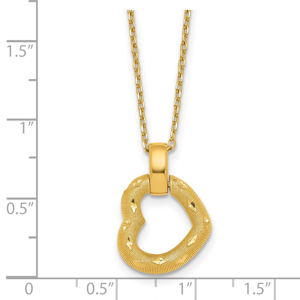 14K Yellow Gold Polished Textured and Diamond-cut Fancy Heart Pendant 16 Inch Necklace with 2.25 Inch Extender
