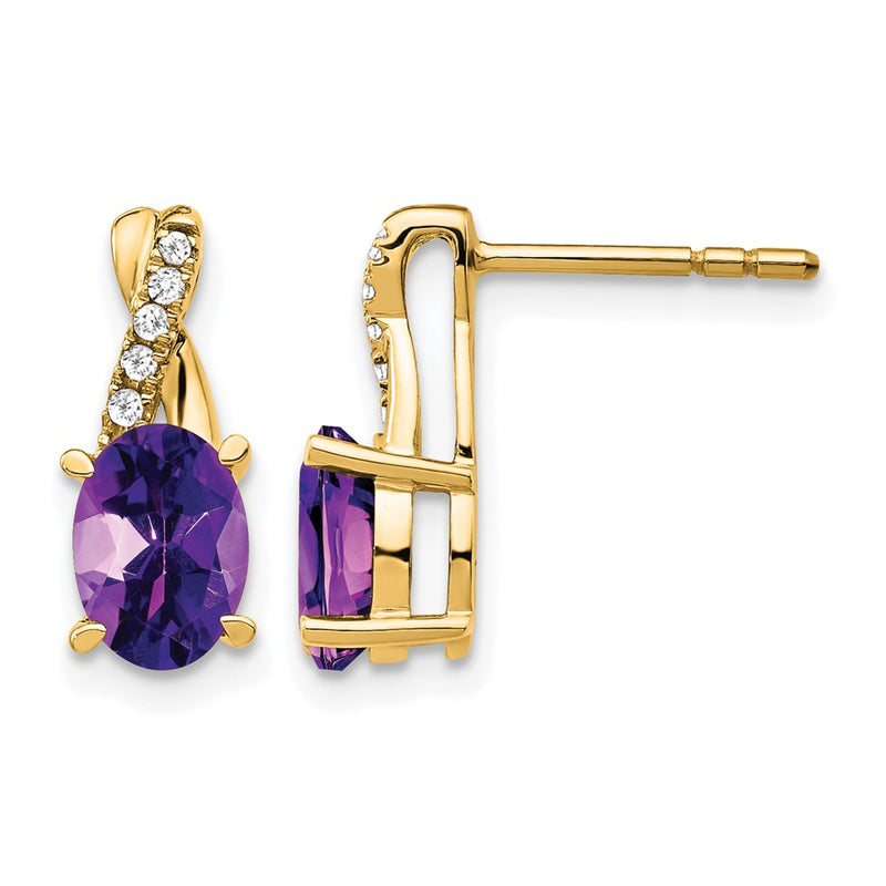 14K Yellow Gold 7x5 Oval February/Amethyst and Diamond Post Earrings