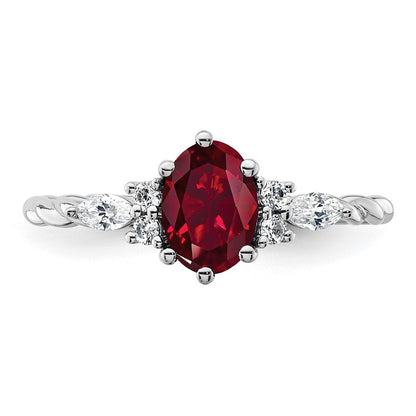 14K White Gold Diamond and 7x5 Oval July/Lab Created Ruby Size 7 Twisted Ring