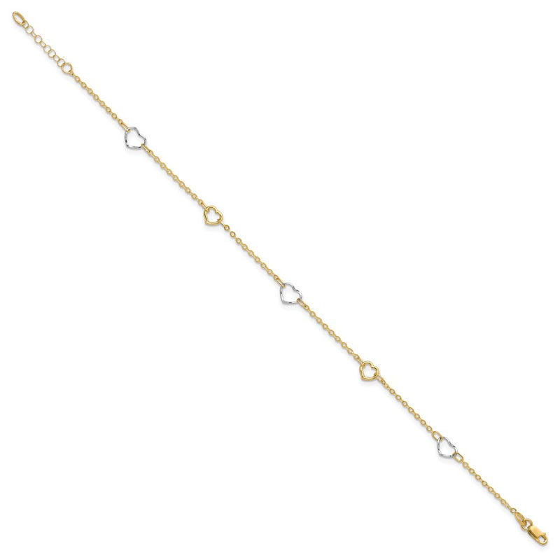 14K Two-Tone Gold Two-tone Polished Open Hearts 5-Station 9 Inch Plus 1 Inch Extender - Total 10 Inch Anklet