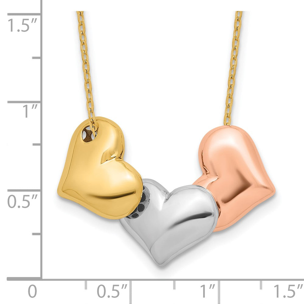 14K Tri-Color Gold Tri-color Polished Three Hearts 17 Inch Necklace Plus 1 Inch Extender