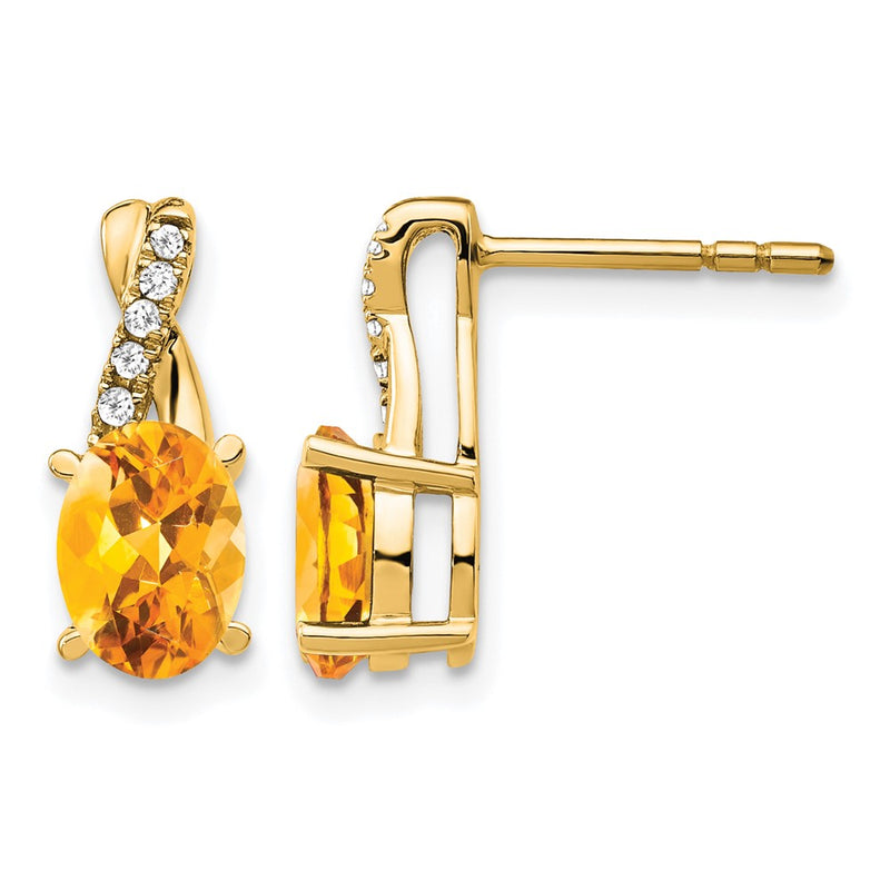 14K Yellow Gold 7x5 Oval November/Citrine and Diamond Post Earrings