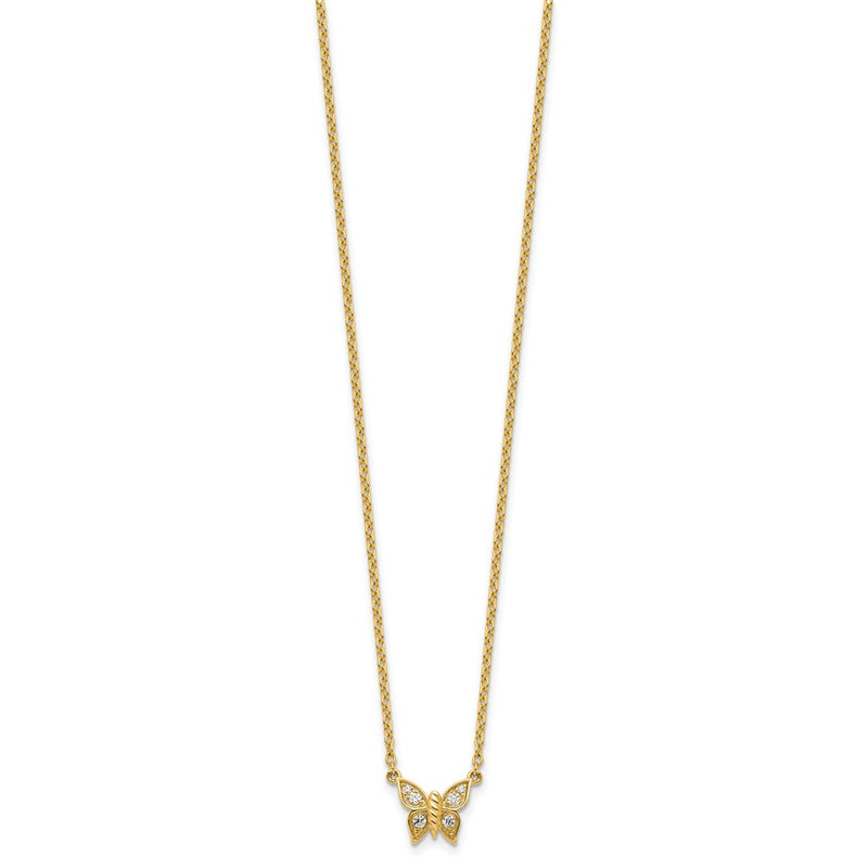 14K Yellow Gold Polished 1/10 carat Diamond Butterfly 18 Inch Necklace