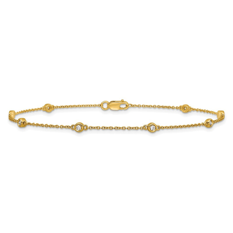 14K Yellow Gold Complete 1/8 carat Bezel-set Diamond and Cable Chain 8-Station 9 Inch Anklet