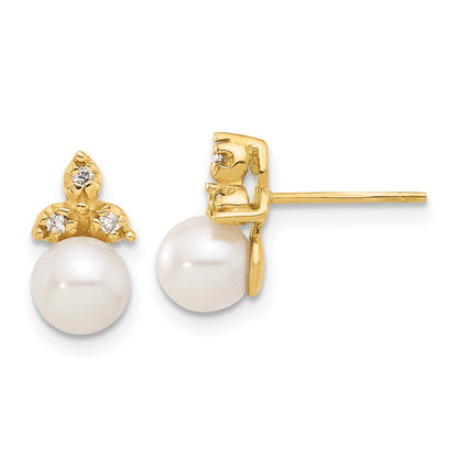14K Yellow Gold 5-6mm Button Freshwater Cultured Pearl and .06 Carat Diamond Post Earrings