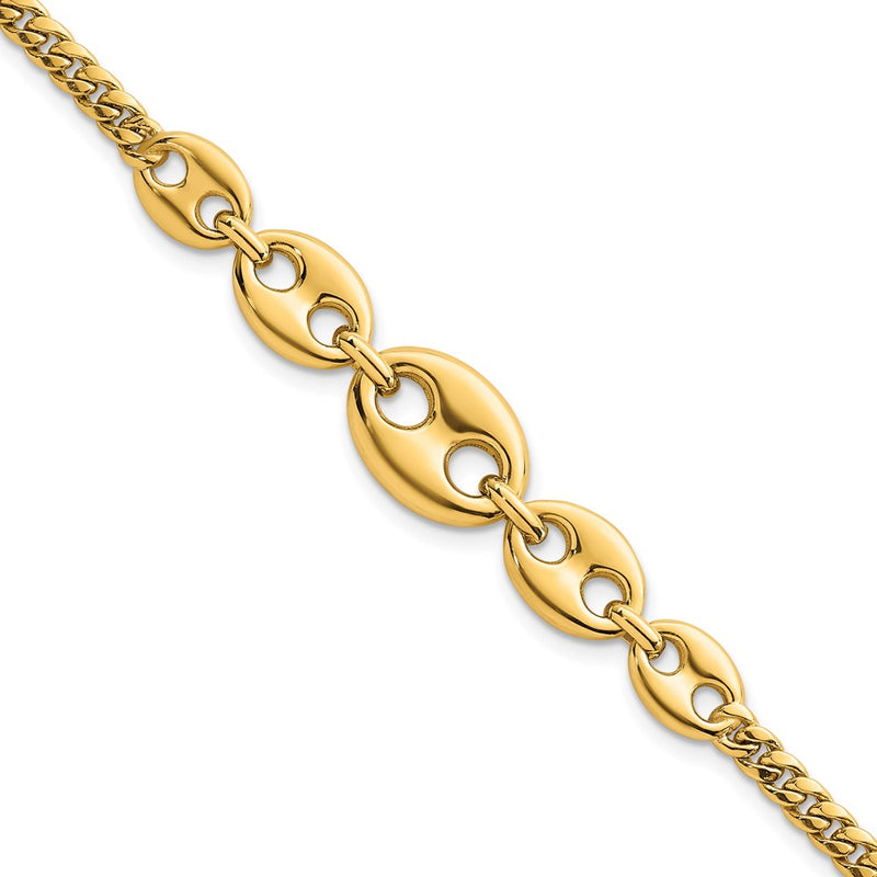 14K Yellow Gold Polished Graduated Puffed Mariner and Curb Link 7 Inch Bracelet