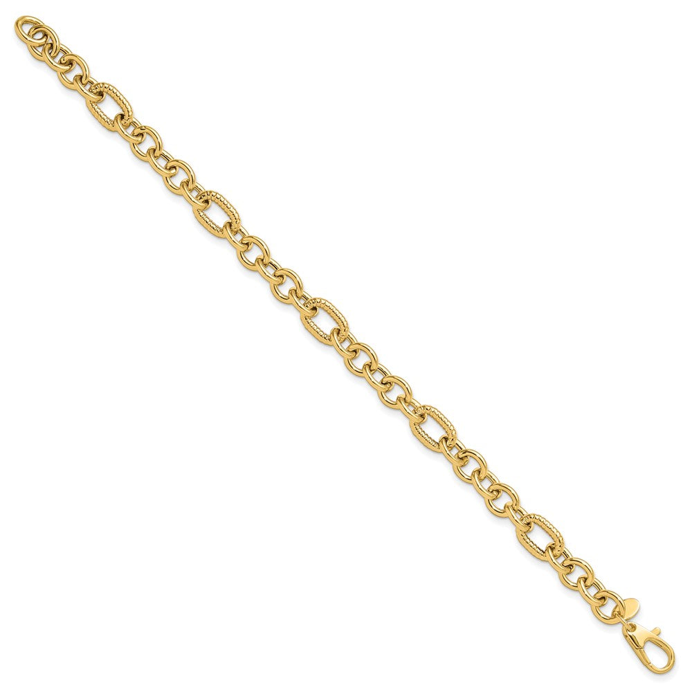 14K Yellow Gold Polished and Textured 6.4mm Fancy Link 7.5 Inch Bracelet