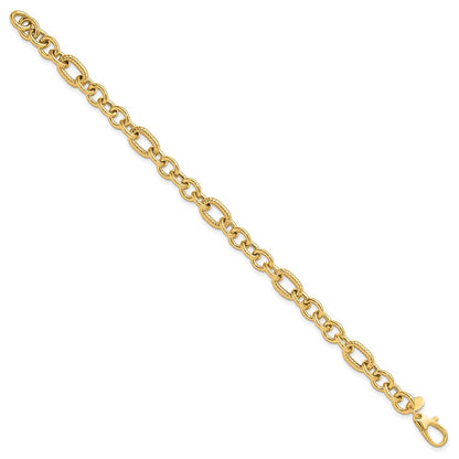 14K Yellow Gold Polished and Textured 6.4mm Fancy Link 7.5 Inch Bracelet