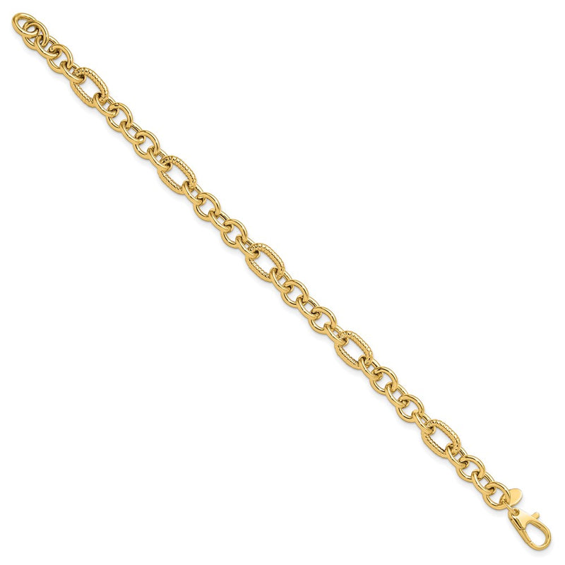 14K Yellow Gold Polished and Textured 6.4mm Fancy Link 7.5 Inch Bracelet