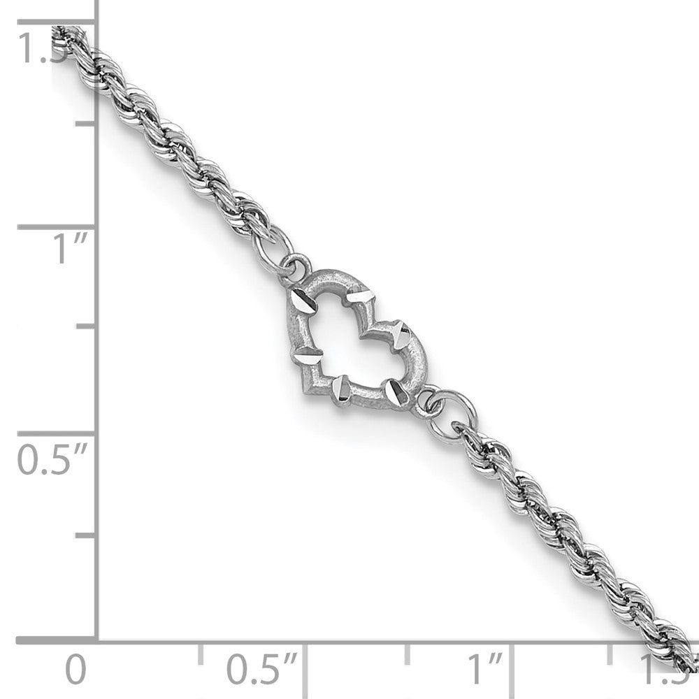 14K White Gold Diamond-cut Open Heart and Rope Chain Bracelet