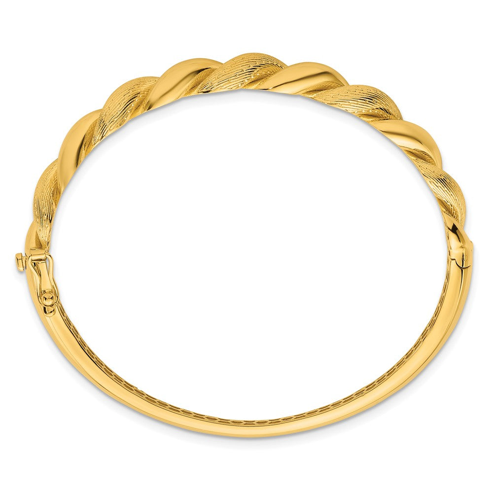 14K Yellow Gold Polished Twisted Textured 7.75mm Hinged Oval Bangle Bracelet