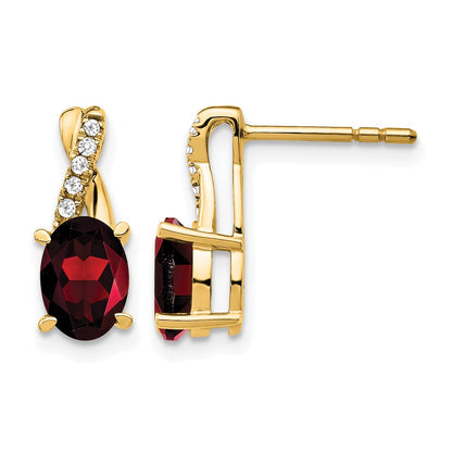 14K Yellow Gold 7x5 Oval January/Garnet and Diamond Post Earrings