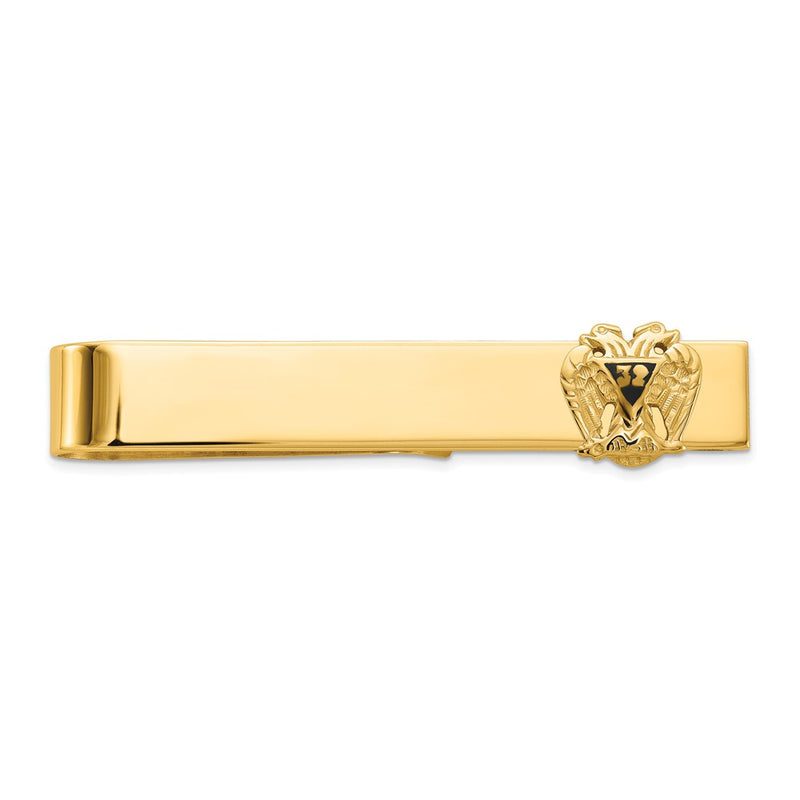 14K Yellow Gold Men's Polished and Textured with Black Enamel 32 Degree Scottish Rite Masonic Large Tie Bar