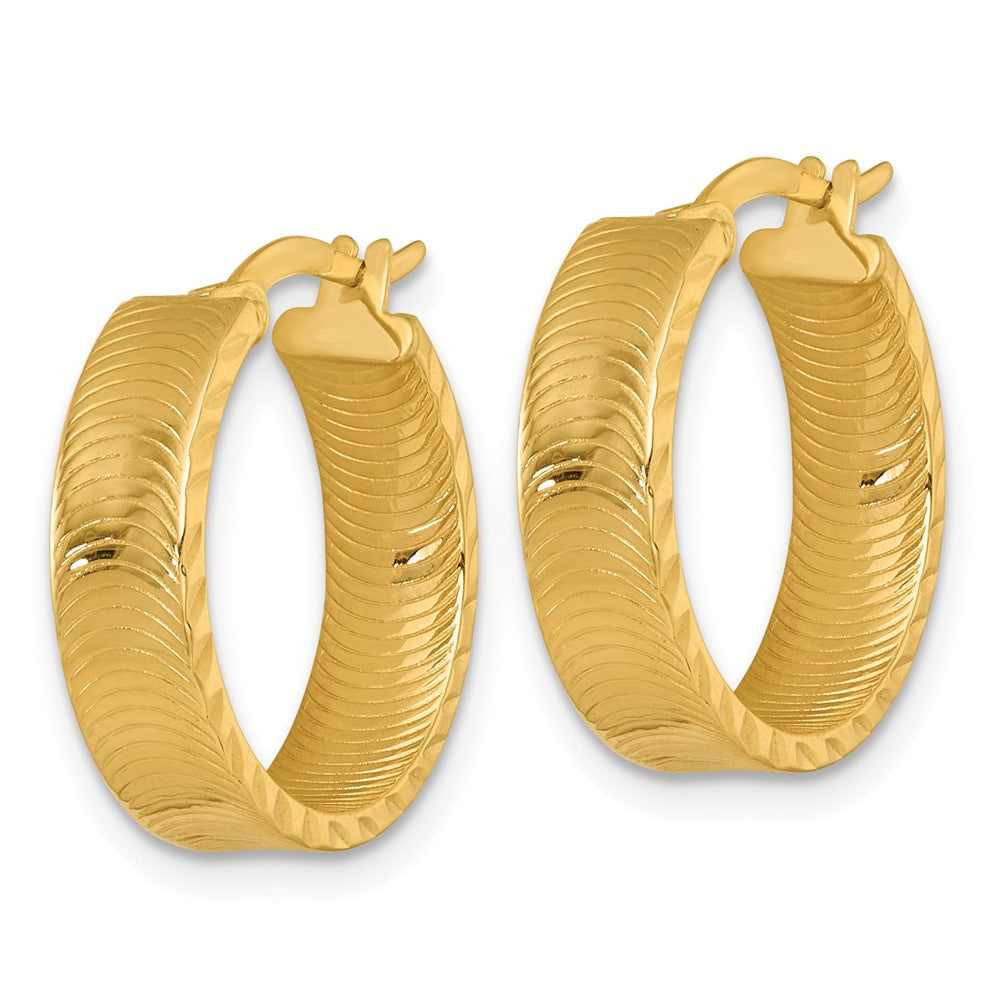 14K Yellow Gold Polished 5.0 x 18mm Diamond-Cut Textured Tube Hoop Earrings
