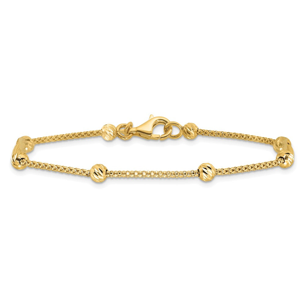 14K Yellow Gold Polished Diamond-cut Beads and Mesh Chain 7.5 Inch Bracelet