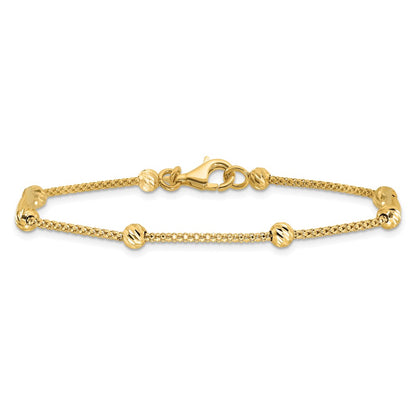 14K Yellow Gold Polished Diamond-cut Beads and Mesh Chain 7.5 Inch Bracelet
