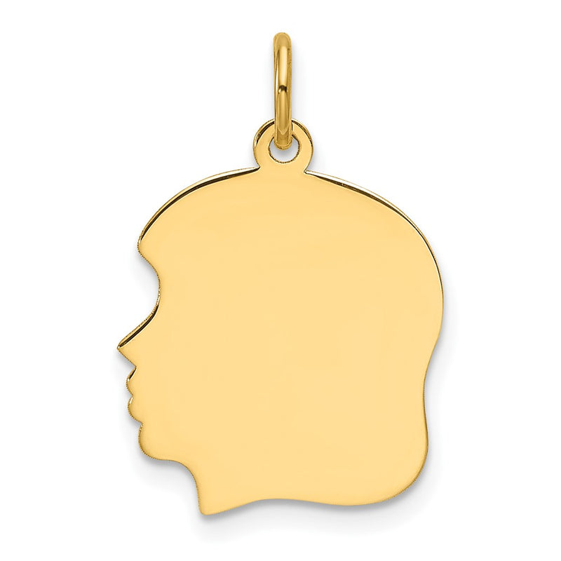 14K Yellow Gold Plain Medium .035 Gauge Facing Left Engravable Girl Head Charm