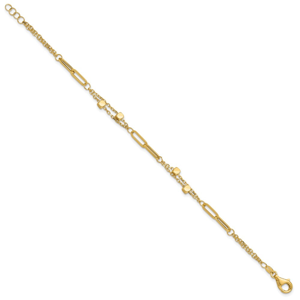 14K Yellow Gold Polished Square Beads and Paperclip Link 7 Inch Bracelet Plus 0.5 Inch Extender