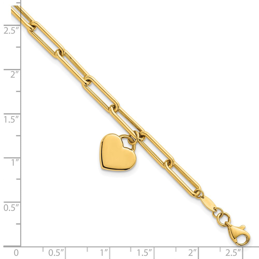 14K Yellow Gold Polished Flat Dangle 11mm Heart Paperclip Link 7.5 Inch Bracelet