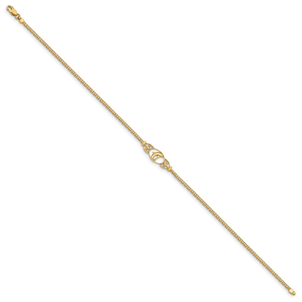 14K Yellow Gold Polished Dolphin and Filigree Bismark Chain Anklet