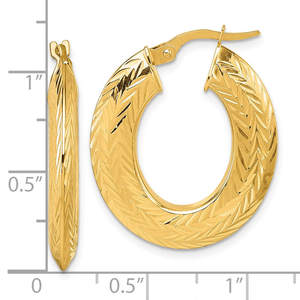 14K Yellow Gold Polished and Diamond-cut 3.4mm x 27mm Knife-edge Oval Tube Hoop Earrings