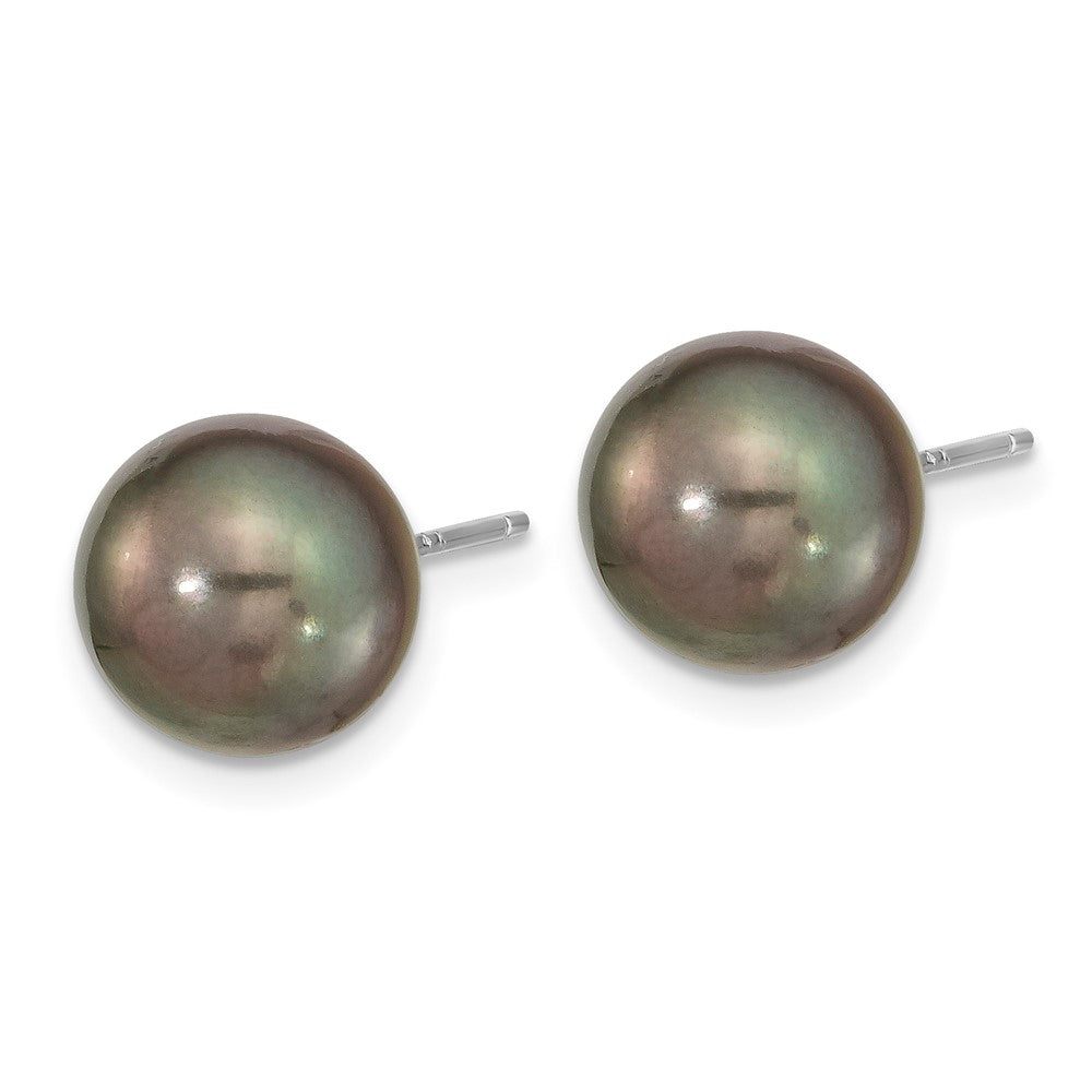 14K White Gold 9-10mm Black Round Tahitian Saltwater Cultured Pearl Post Earrings