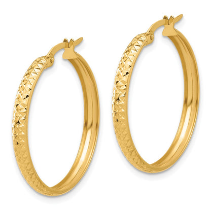 14K Yellow Gold 3x26mm Polished and Diamond-cut Hoop Earrings