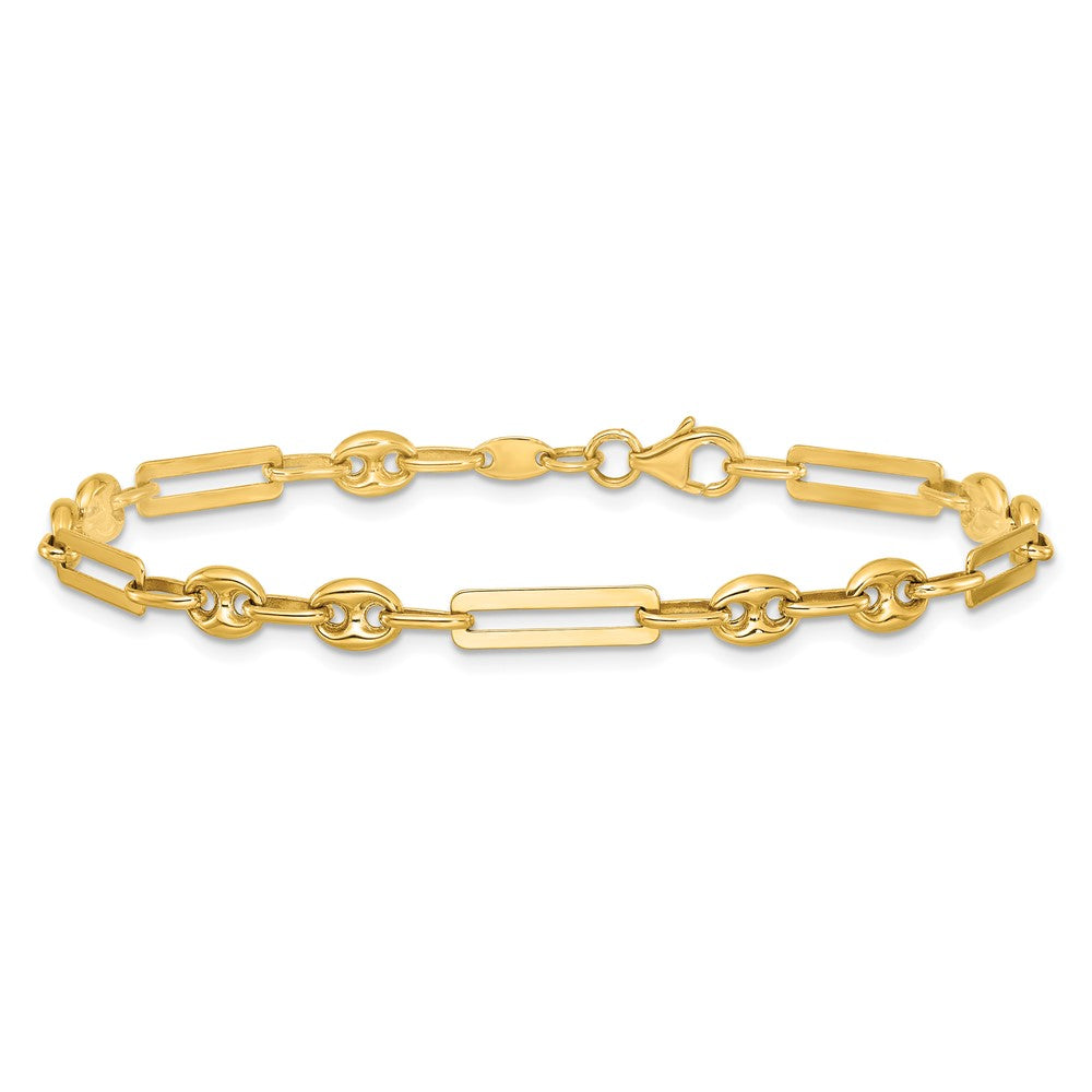 14K Yellow Gold Polished 4mm Fancy Paperclip and Puffed Anchor/Mariner Link Chain Bracelet