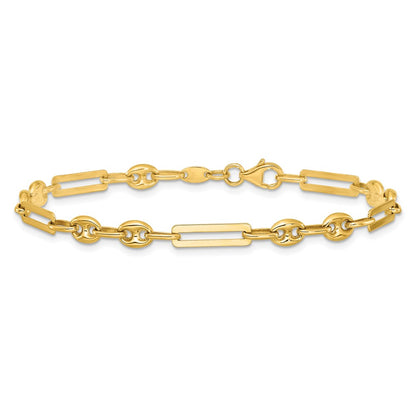14K Yellow Gold Polished 4mm Fancy Paperclip and Puffed Anchor/Mariner Link Chain Bracelet