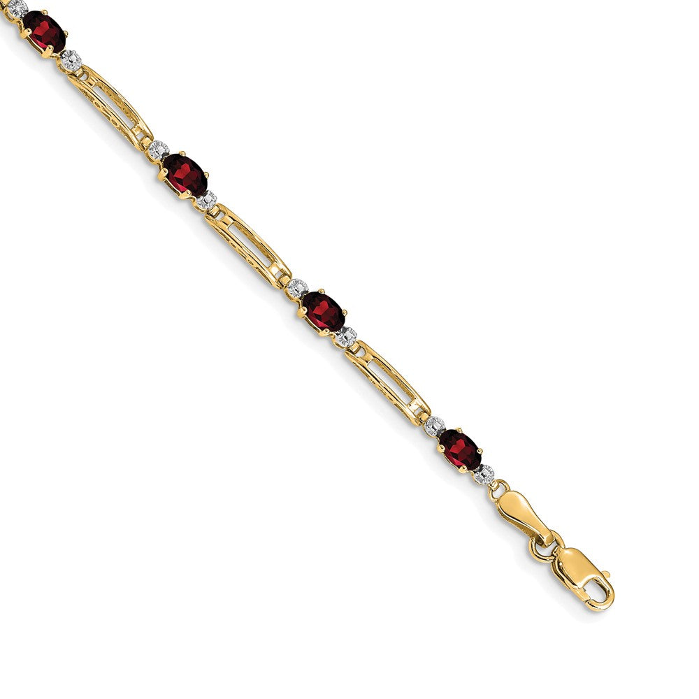 14K Yellow Gold Complete Diamond and Oval Garnet Fancy Link 7 Inch Bracelet