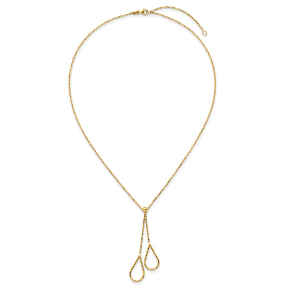 14K Yellow Gold Polished Two Teardrops Dangle 16 Inch Y-Necklace Plus 2 Inch Extender