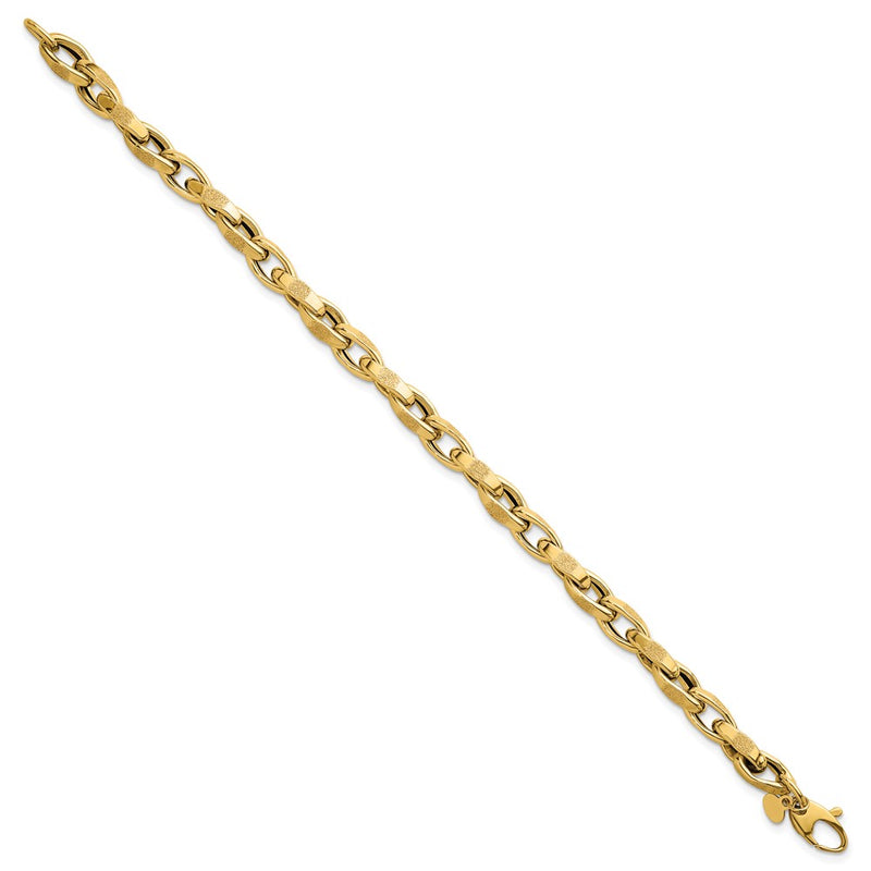 14K Yellow Gold Polished Fancy Textured Oval Twisted Open Link Chain Bracelet