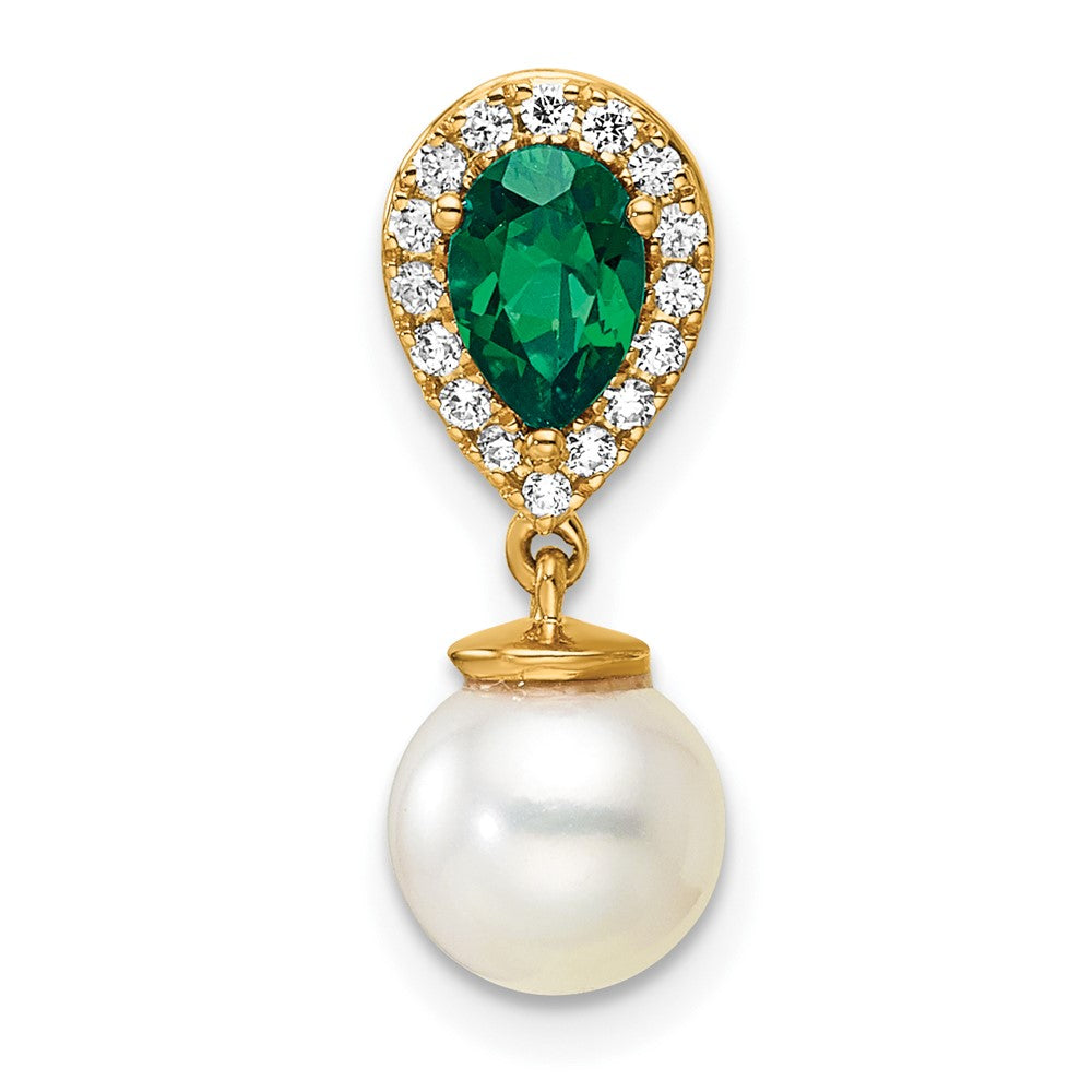 14K Yellow Gold 6-7mm Round Freshwater Cultured Pearl/Pear Emerald/Diamond Teardrop Chain Slide