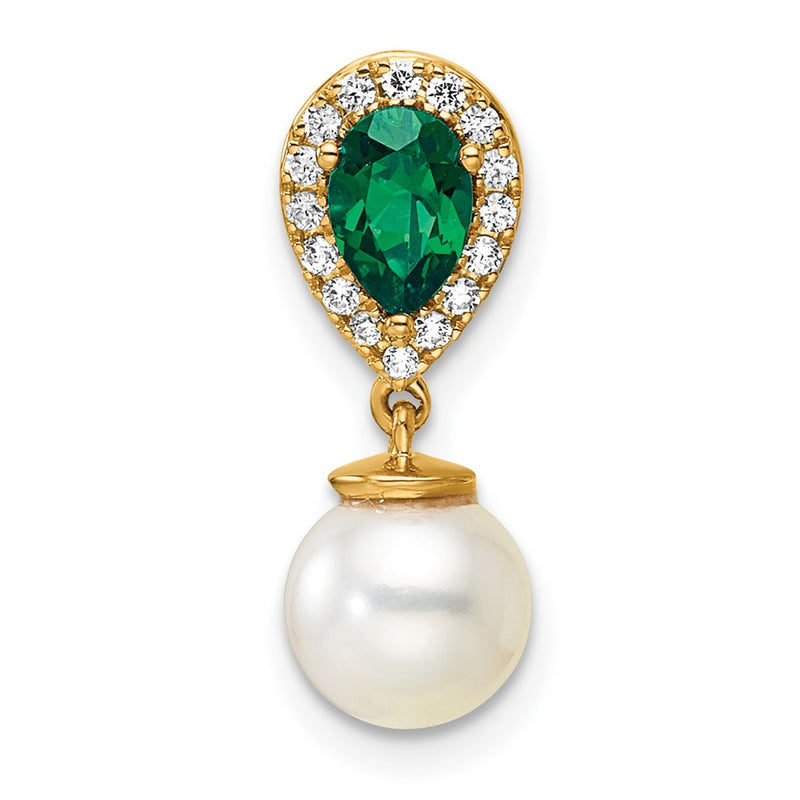14K Yellow Gold 6-7mm Round Freshwater Cultured Pearl/Pear Emerald/Diamond Teardrop Chain Slide