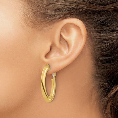 14K Yellow Gold 3x37mm Polished Knife-Edge Oval Omega Back Tube Hoop Earrings