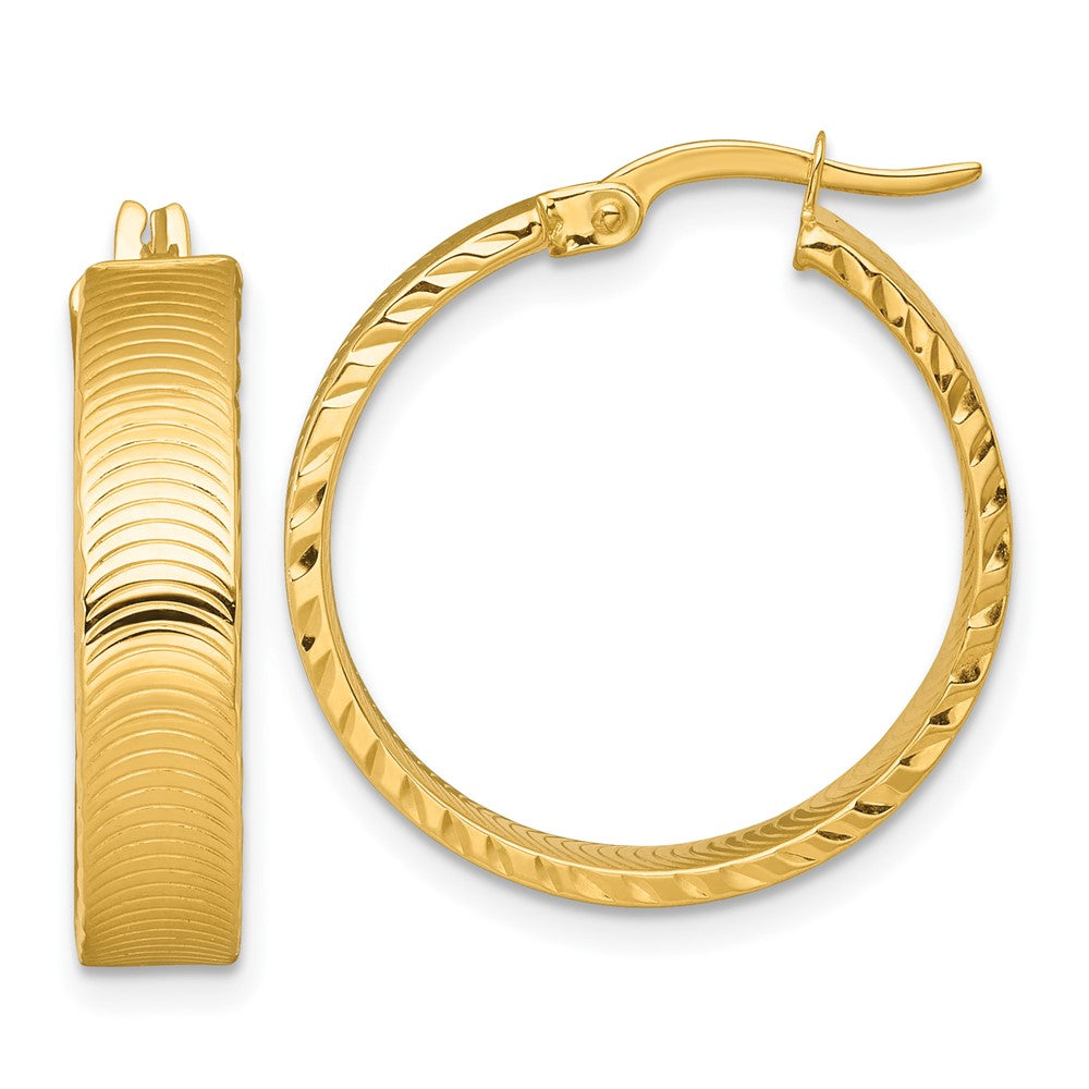 14K Yellow Gold Polished 5.0 x 22mm Diamond-Cut Textured Tube Hoop Earrings