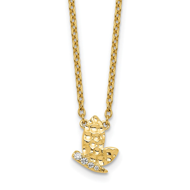 14K Yellow Gold Polished and Hammered 1/20 carat Diamond Butterfly 18 Inch Necklace