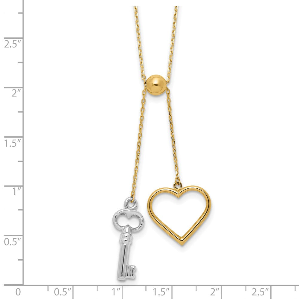 14K Two-Tone Gold Two-tone Polished Adjustable-Dangle Heart and Key 17 Inch Lariat Necklace